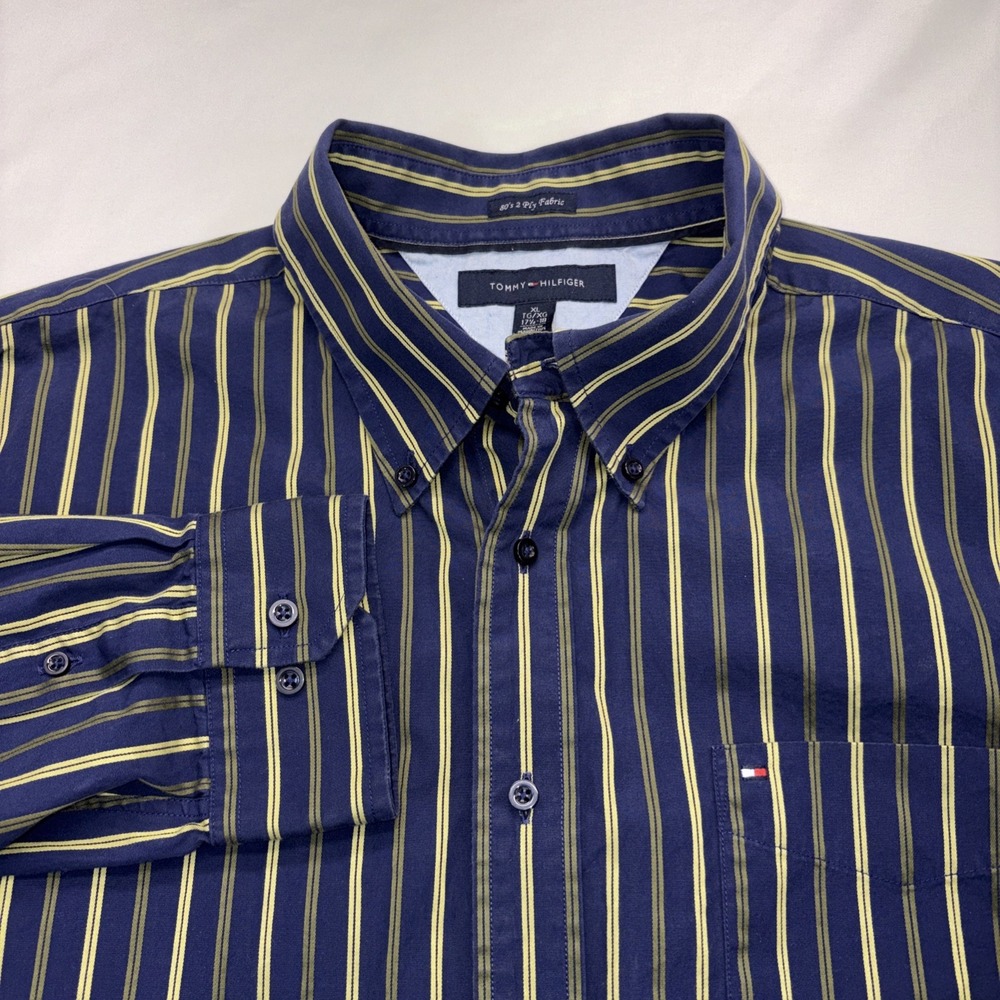 Tommy Hilfiger Shirt Men's XL Blue/Gold Stripe Long Sleeve Casual Preppy